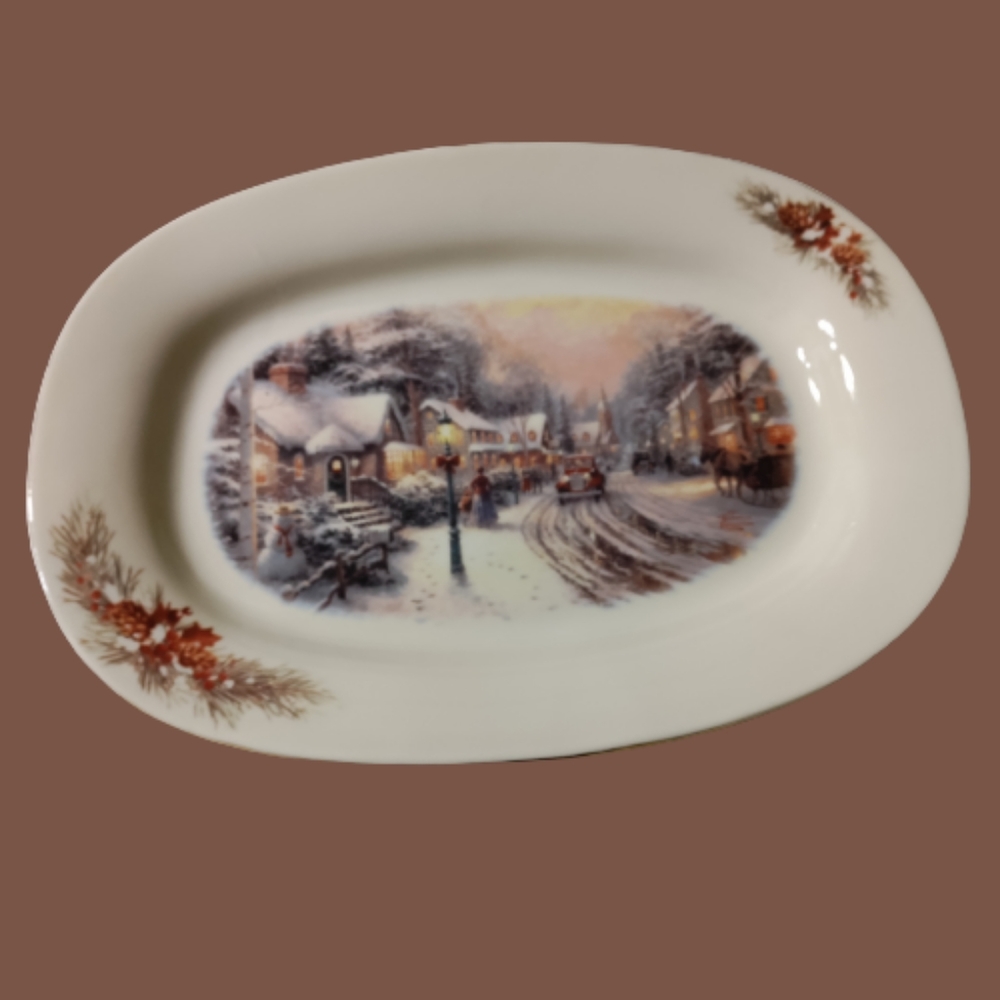 Vintage Thomas kinkade village Christmas scene 2000 ceramic platter gold trim